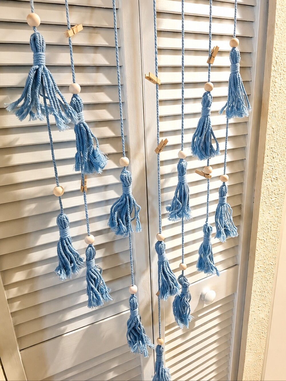 Bohemian Blue Cotton Yarn Tassel Garland Wall Art Wooden Beads LED Light Sz 43" - Picture 8 of 10